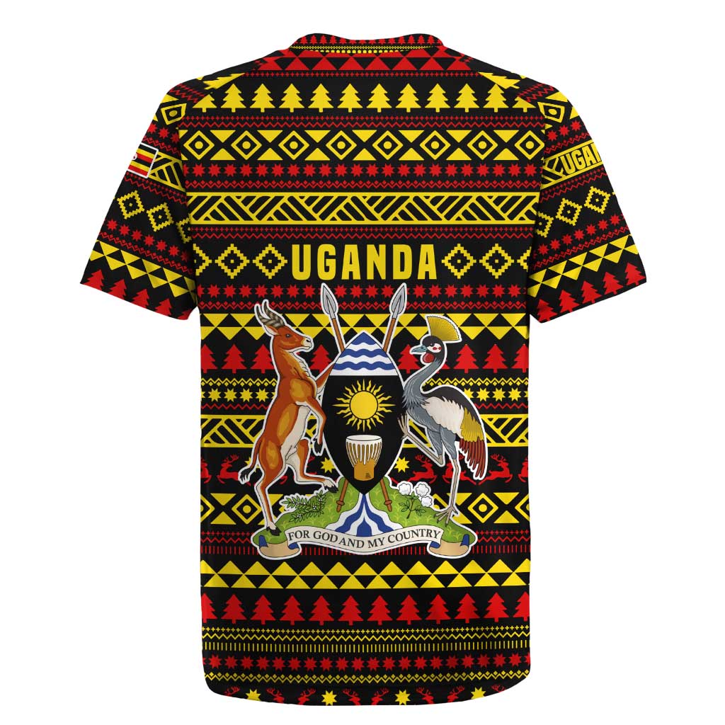 Uganda Christmas Rugby Jersey with Flamingo Lights Uganda Flag and Black Red Yellow Tribal Pattern Design - Wonder Print Shop