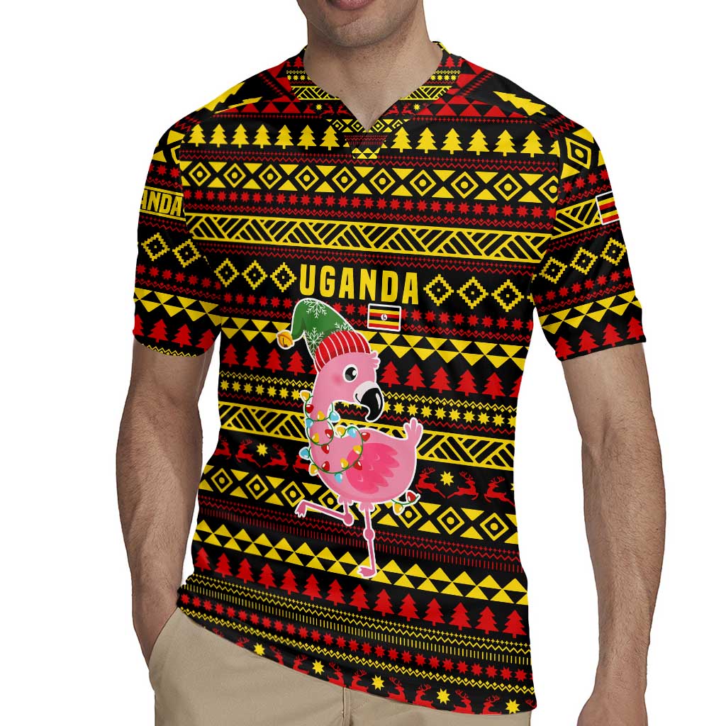 Uganda Christmas Rugby Jersey with Flamingo Lights Uganda Flag and Black Red Yellow Tribal Pattern Design - Wonder Print Shop