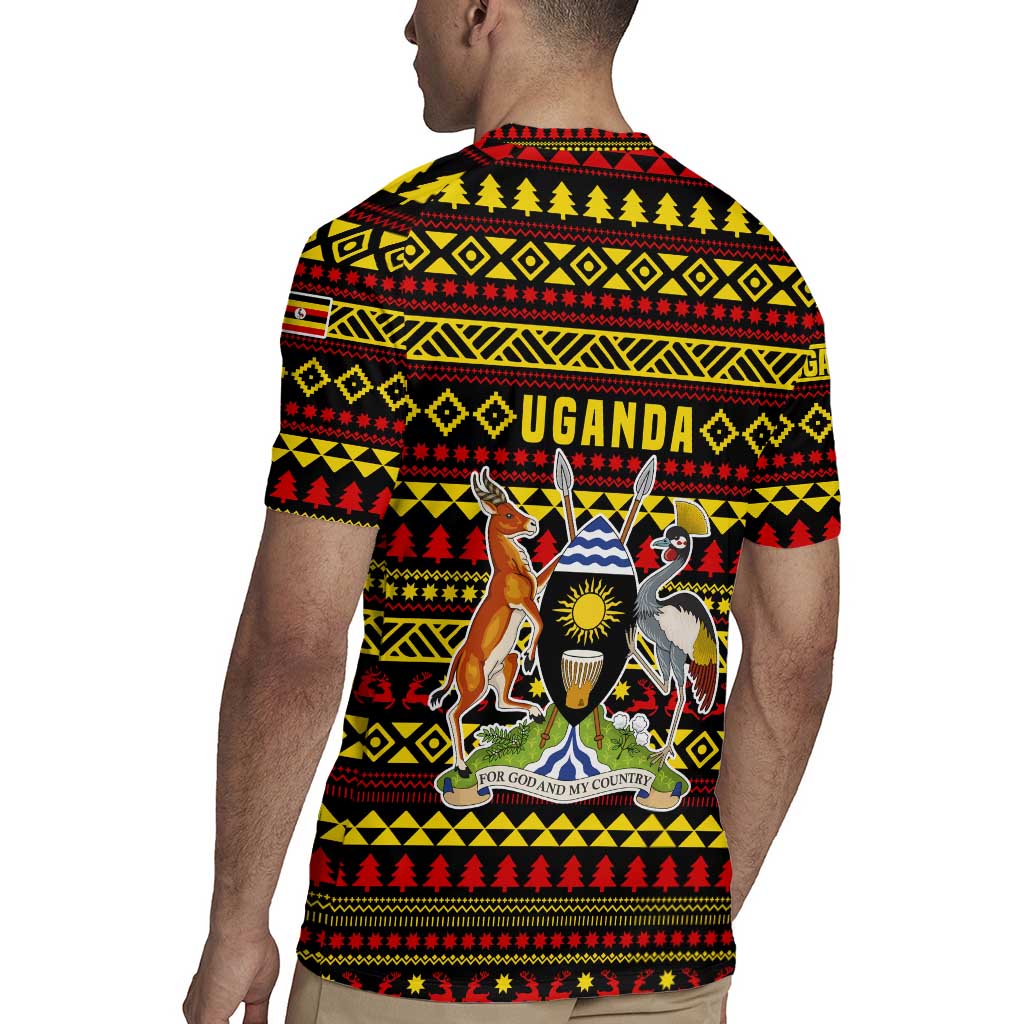 Uganda Christmas Rugby Jersey with Flamingo Lights Uganda Flag and Black Red Yellow Tribal Pattern Design - Wonder Print Shop