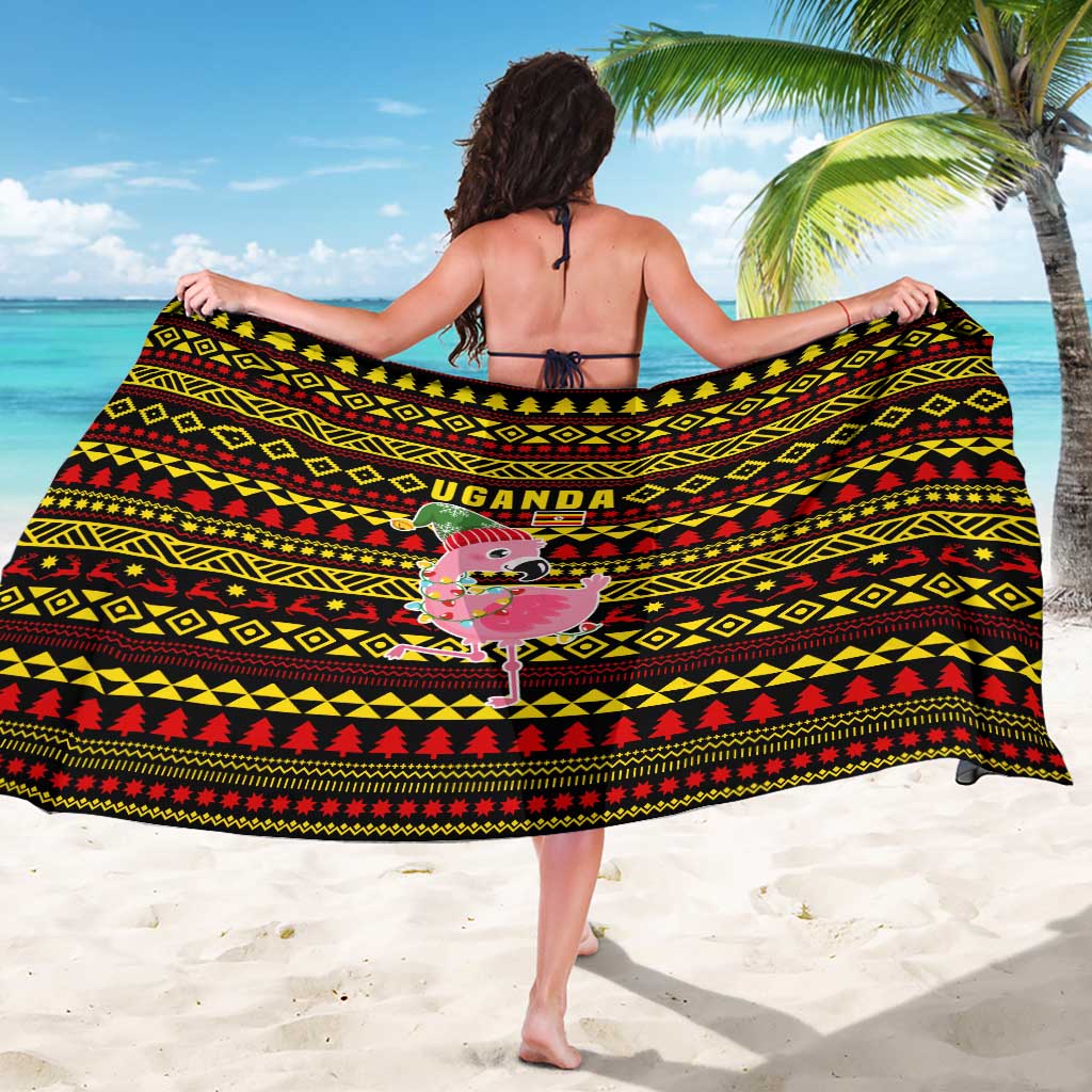 Uganda Christmas Sarong with Flamingo Lights Uganda Flag and Black Red Yellow Tribal Pattern Design - Wonder Print Shop