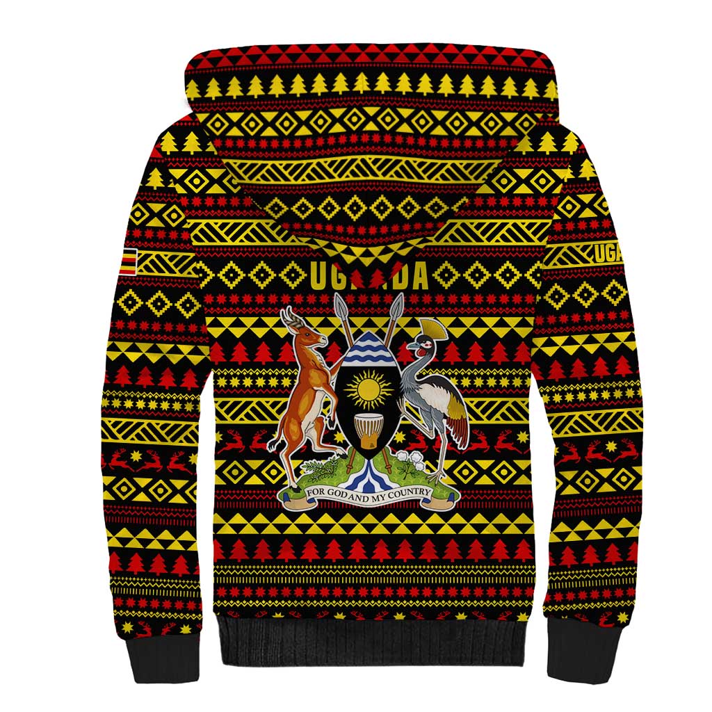 Uganda Christmas Sherpa Hoodie with Flamingo Lights Uganda Flag and Black Red Yellow Tribal Pattern Design - Wonder Print Shop
