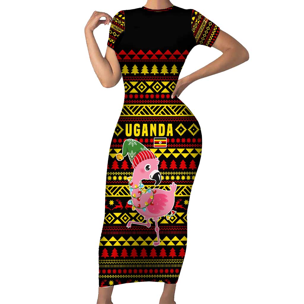 Uganda Christmas Short Sleeve Bodycon Dress with Flamingo Lights Uganda Flag and Black Red Yellow Tribal Pattern Design - Wonder Print Shop
