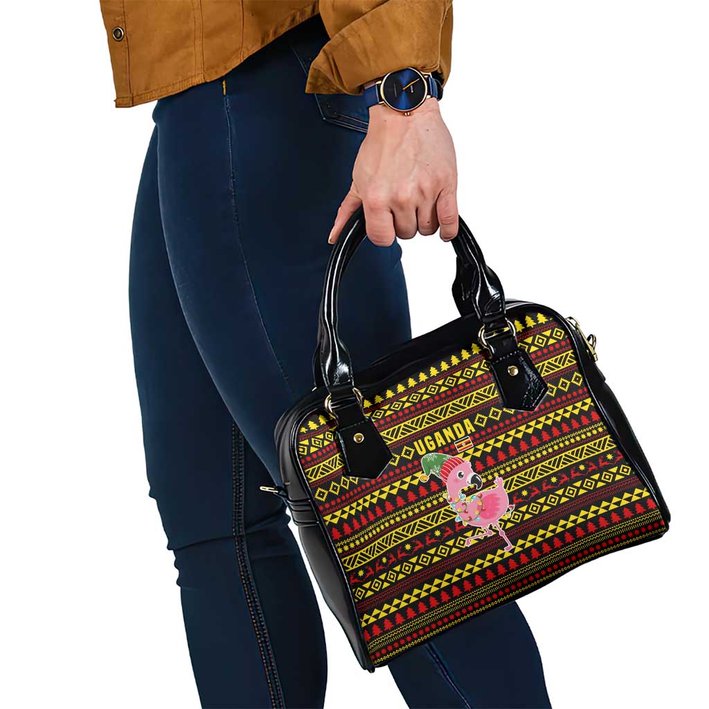 Uganda Christmas Shoulder Handbag with Flamingo Lights Uganda Flag and Black Red Yellow Tribal Pattern Design - Wonder Print Shop