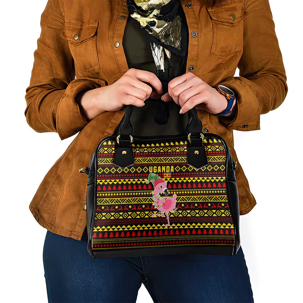 Uganda Christmas Shoulder Handbag with Flamingo Lights Uganda Flag and Black Red Yellow Tribal Pattern Design - Wonder Print Shop