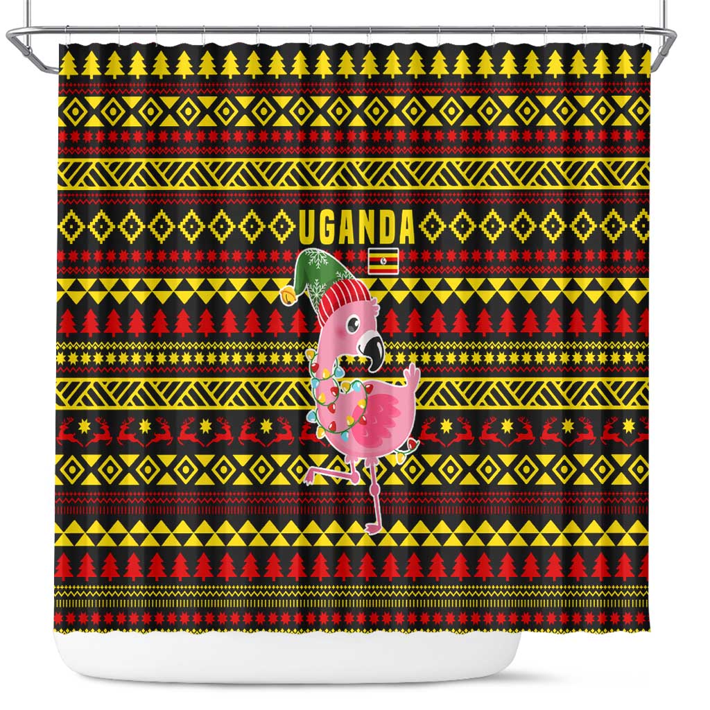 Uganda Christmas Shower Curtain with Flamingo Lights Uganda Flag and Black Red Yellow Tribal Pattern Design - Wonder Print Shop