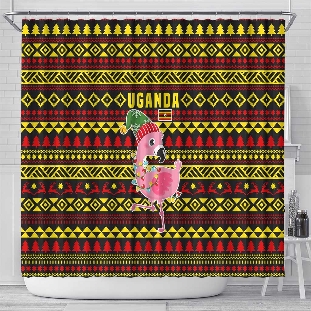 Uganda Christmas Shower Curtain with Flamingo Lights Uganda Flag and Black Red Yellow Tribal Pattern Design - Wonder Print Shop
