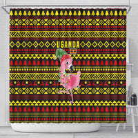 Uganda Christmas Shower Curtain with Flamingo Lights Uganda Flag and Black Red Yellow Tribal Pattern Design - Wonder Print Shop