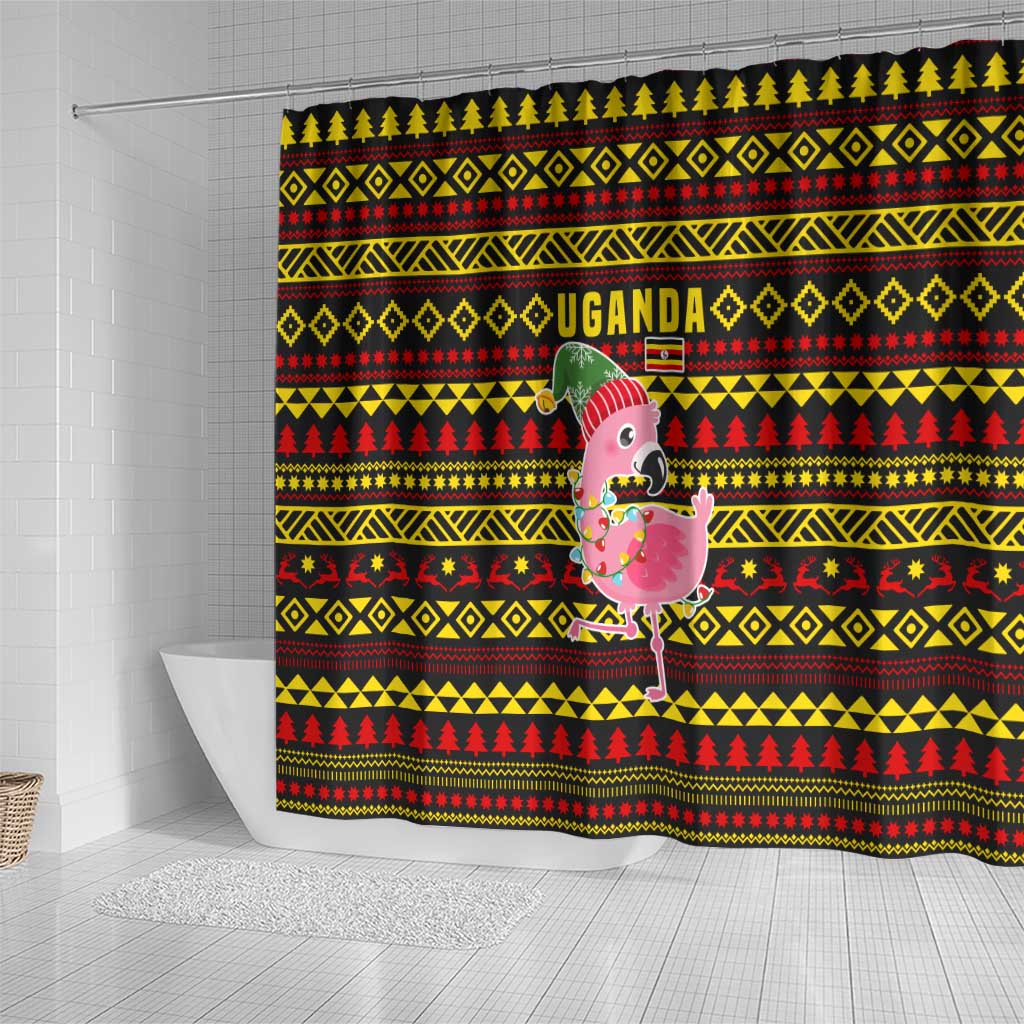 Uganda Christmas Shower Curtain with Flamingo Lights Uganda Flag and Black Red Yellow Tribal Pattern Design - Wonder Print Shop