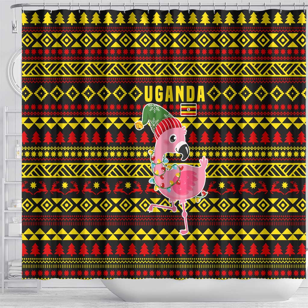 Uganda Christmas Shower Curtain with Flamingo Lights Uganda Flag and Black Red Yellow Tribal Pattern Design - Wonder Print Shop