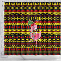 Uganda Christmas Shower Curtain with Flamingo Lights Uganda Flag and Black Red Yellow Tribal Pattern Design - Wonder Print Shop