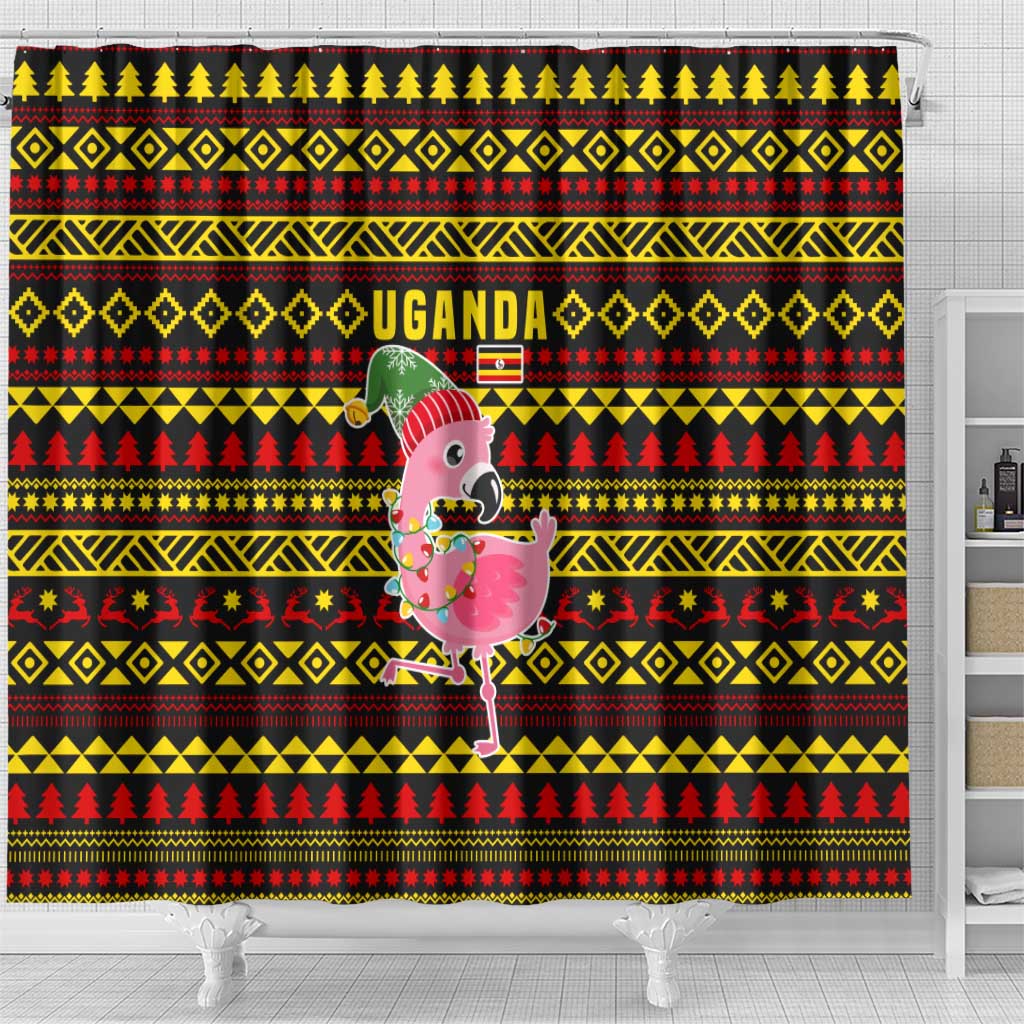 Uganda Christmas Shower Curtain with Flamingo Lights Uganda Flag and Black Red Yellow Tribal Pattern Design - Wonder Print Shop