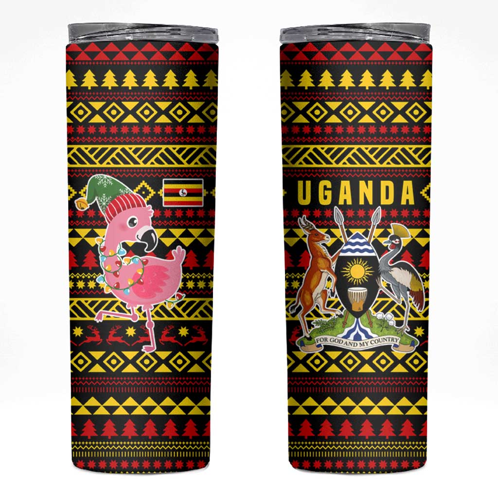 Uganda Christmas Skinny Tumbler with Flamingo Lights Uganda Flag and Black Red Yellow Tribal Pattern Design - Wonder Print Shop