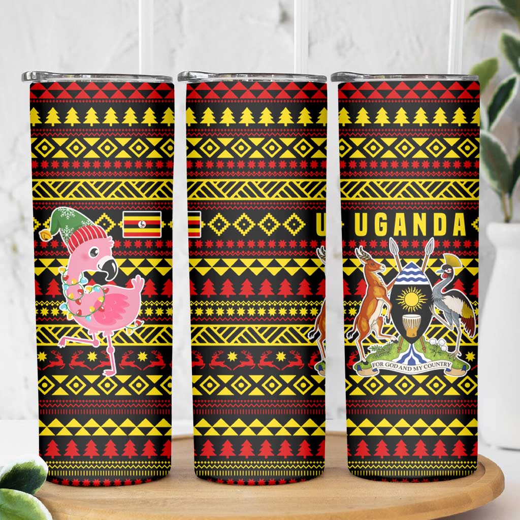 Uganda Christmas Skinny Tumbler with Flamingo Lights Uganda Flag and Black Red Yellow Tribal Pattern Design - Wonder Print Shop