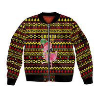 Uganda Christmas Sleeve Zip Bomber Jacket with Flamingo Lights Uganda Flag and Black Red Yellow Tribal Pattern Design - Wonder Print Shop