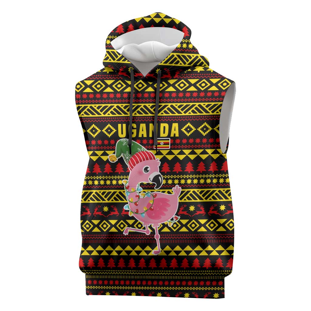 Uganda Christmas Sleeveless Hoodie with Flamingo Lights Uganda Flag and Black Red Yellow Tribal Pattern Design - Wonder Print Shop