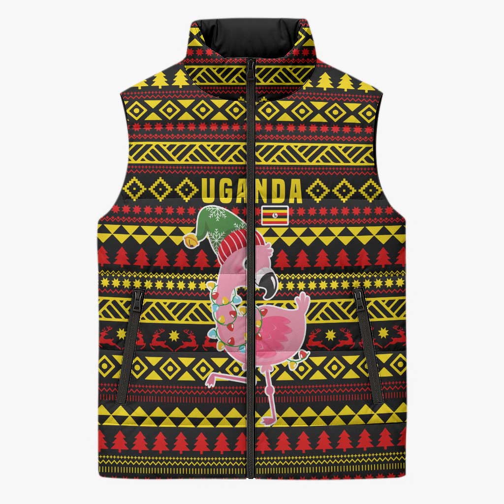 Uganda Christmas Sleeveless Puffer Jacket with Flamingo Lights Uganda Flag and Black Red Yellow Tribal Pattern Design - Wonder Print Shop