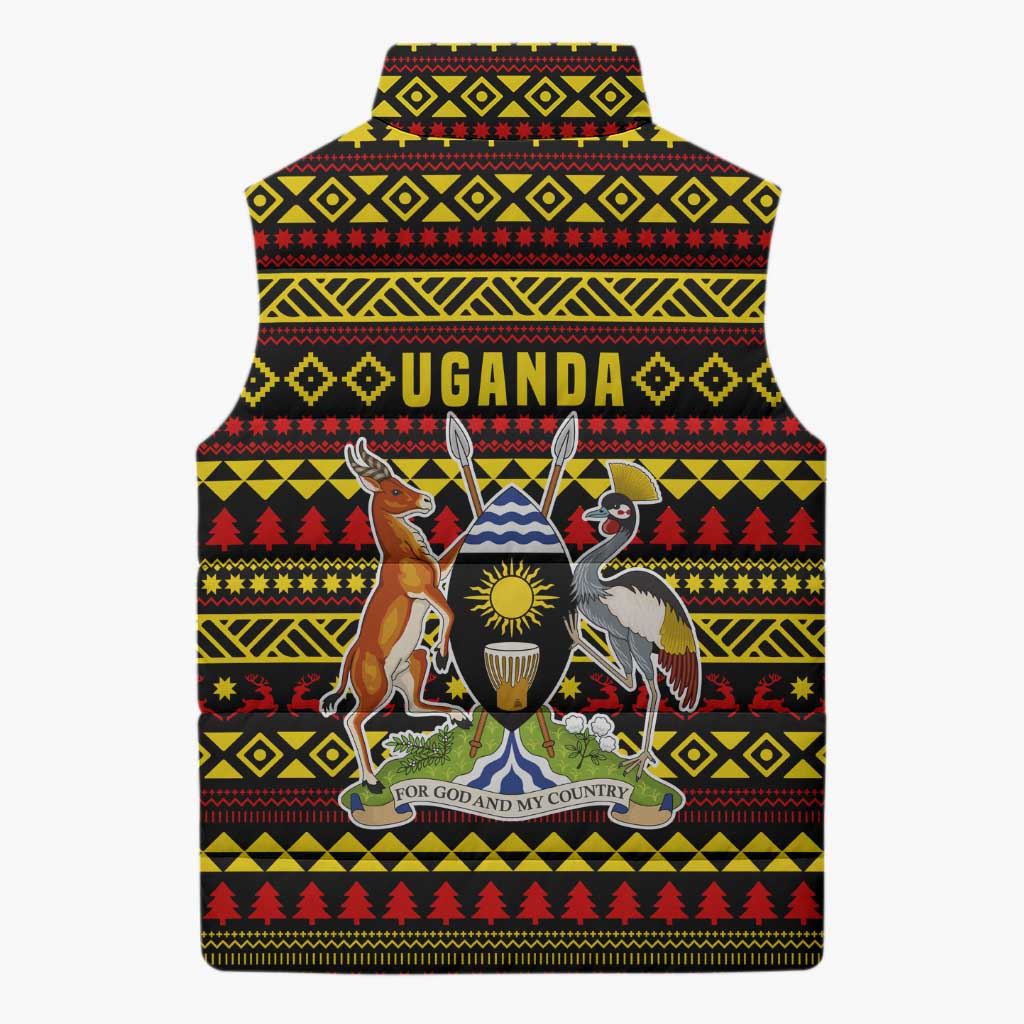 Uganda Christmas Sleeveless Puffer Jacket with Flamingo Lights Uganda Flag and Black Red Yellow Tribal Pattern Design - Wonder Print Shop