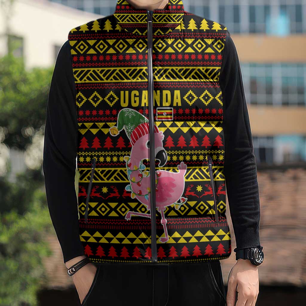 Uganda Christmas Sleeveless Puffer Jacket with Flamingo Lights Uganda Flag and Black Red Yellow Tribal Pattern Design - Wonder Print Shop