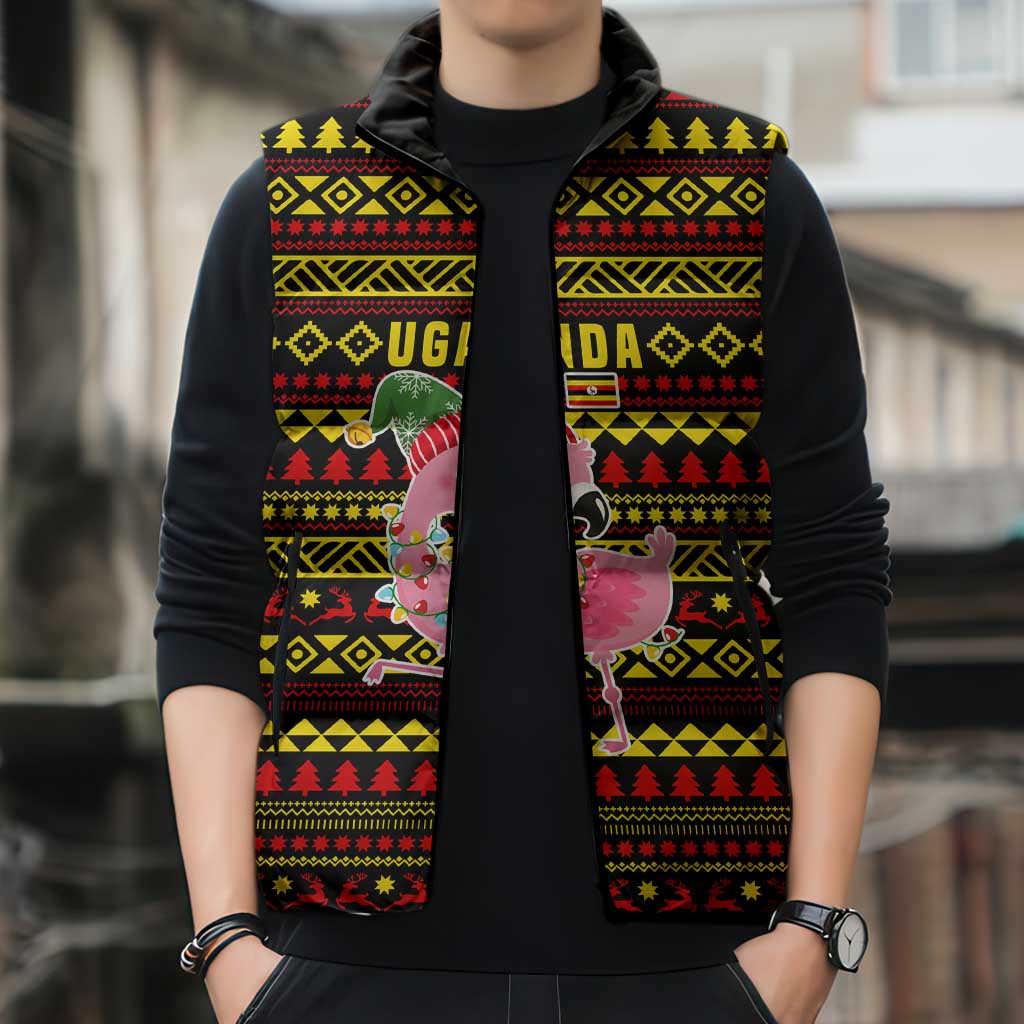 Uganda Christmas Sleeveless Puffer Jacket with Flamingo Lights Uganda Flag and Black Red Yellow Tribal Pattern Design - Wonder Print Shop