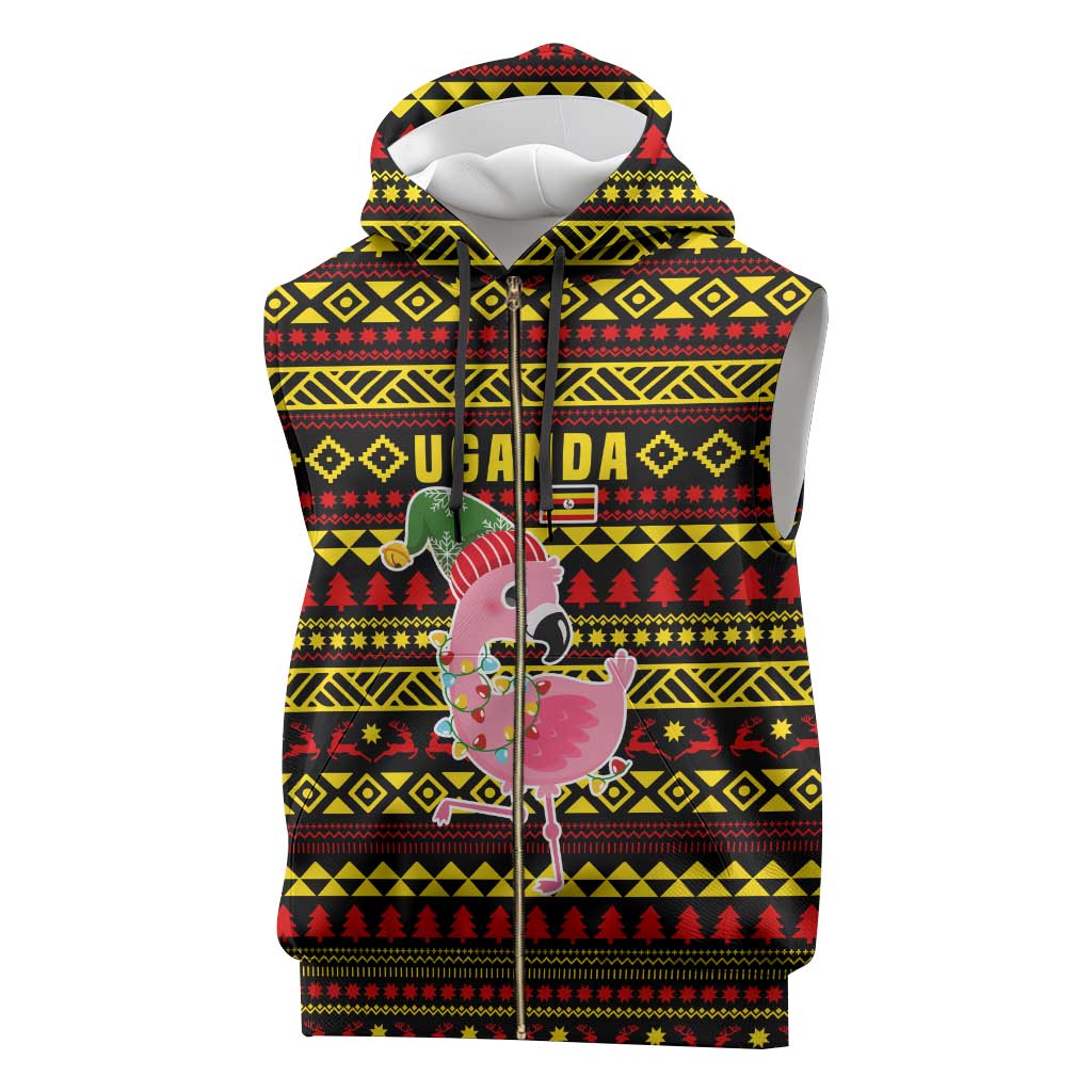 Uganda Christmas Sleeveless Zip Hoodie with Flamingo Lights Uganda Flag and Black Red Yellow Tribal Pattern Design - Wonder Print Shop