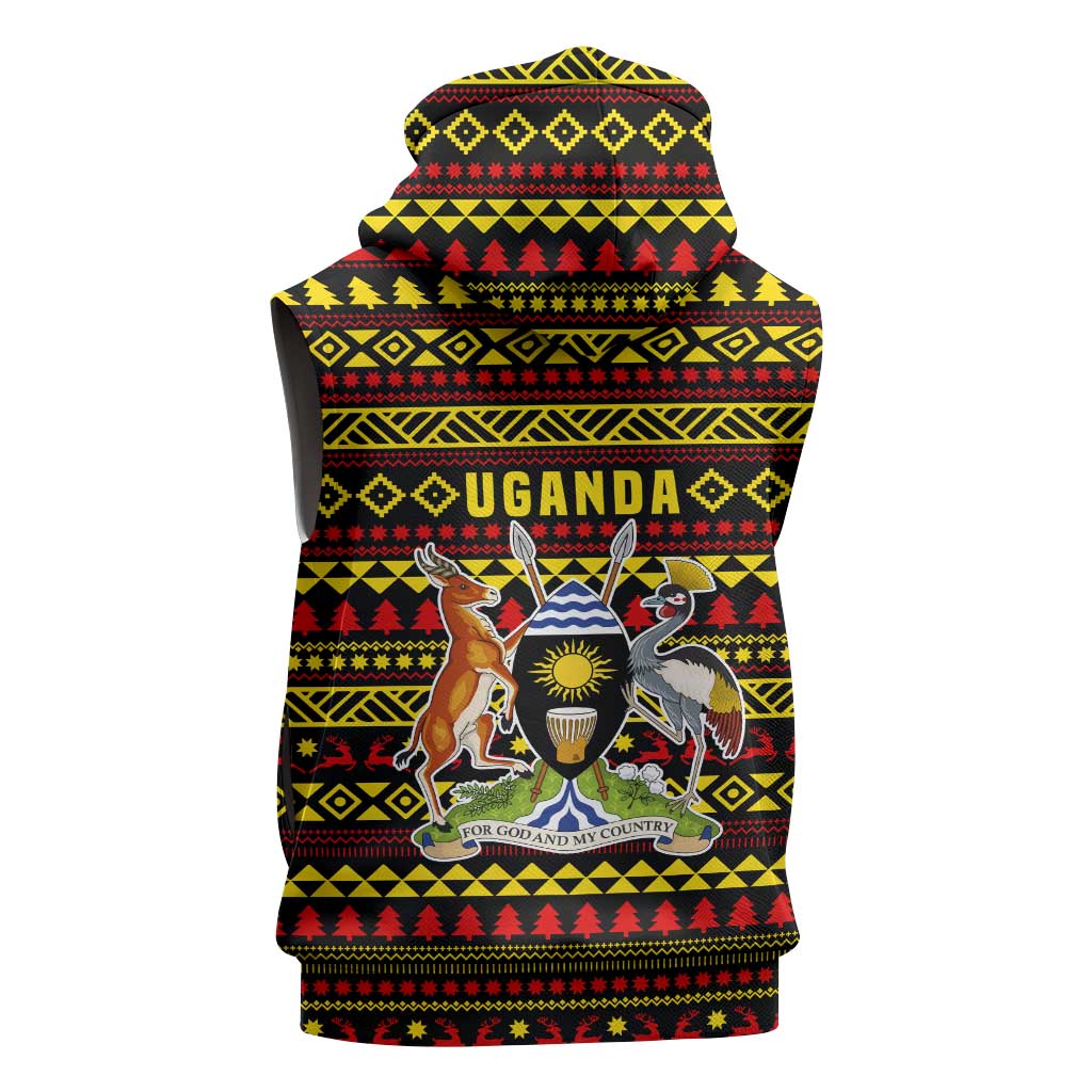 Uganda Christmas Sleeveless Zip Hoodie with Flamingo Lights Uganda Flag and Black Red Yellow Tribal Pattern Design - Wonder Print Shop