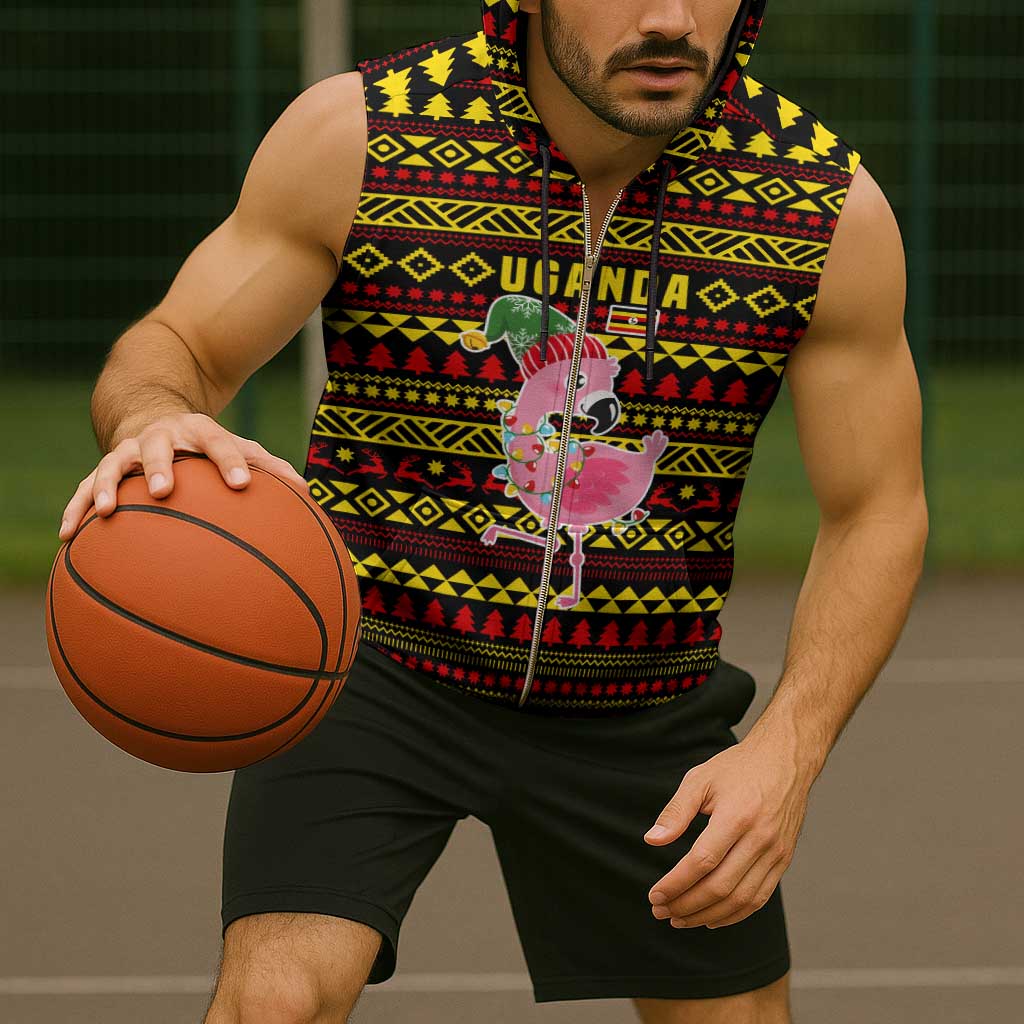 Uganda Christmas Sleeveless Zip Hoodie with Flamingo Lights Uganda Flag and Black Red Yellow Tribal Pattern Design - Wonder Print Shop