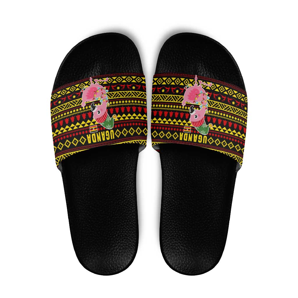 Uganda Christmas Slide Sandals with Flamingo Lights Uganda Flag and Black Red Yellow Tribal Pattern Design - Wonder Print Shop