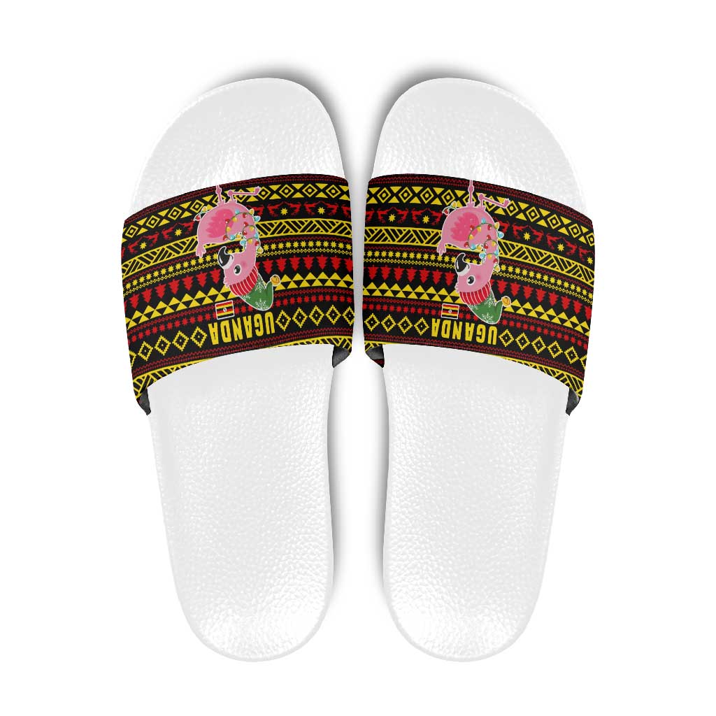 Uganda Christmas Slide Sandals with Flamingo Lights Uganda Flag and Black Red Yellow Tribal Pattern Design - Wonder Print Shop