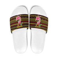 Uganda Christmas Slide Sandals with Flamingo Lights Uganda Flag and Black Red Yellow Tribal Pattern Design - Wonder Print Shop