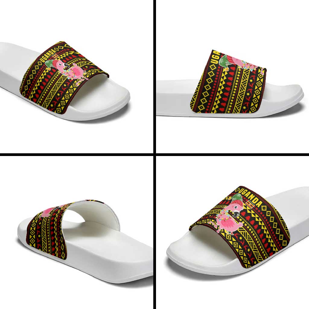 Uganda Christmas Slide Sandals with Flamingo Lights Uganda Flag and Black Red Yellow Tribal Pattern Design - Wonder Print Shop