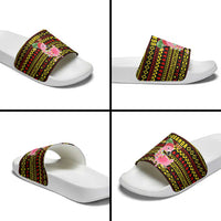 Uganda Christmas Slide Sandals with Flamingo Lights Uganda Flag and Black Red Yellow Tribal Pattern Design - Wonder Print Shop