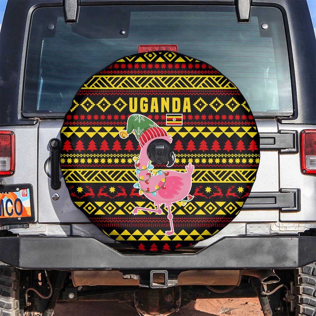 Uganda Christmas Spare Tire Cover with Flamingo Lights Uganda Flag and Black Red Yellow Tribal Pattern Design - Wonder Print Shop