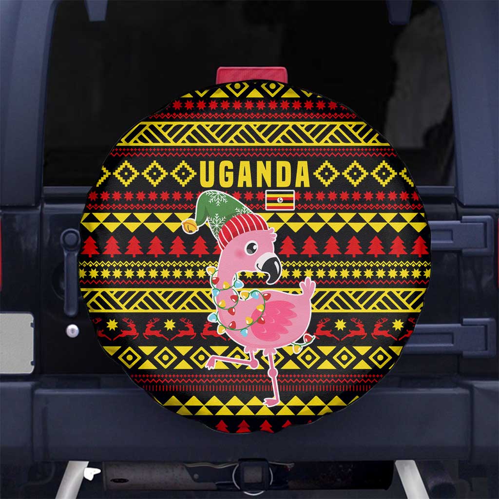 Uganda Christmas Spare Tire Cover with Flamingo Lights Uganda Flag and Black Red Yellow Tribal Pattern Design - Wonder Print Shop