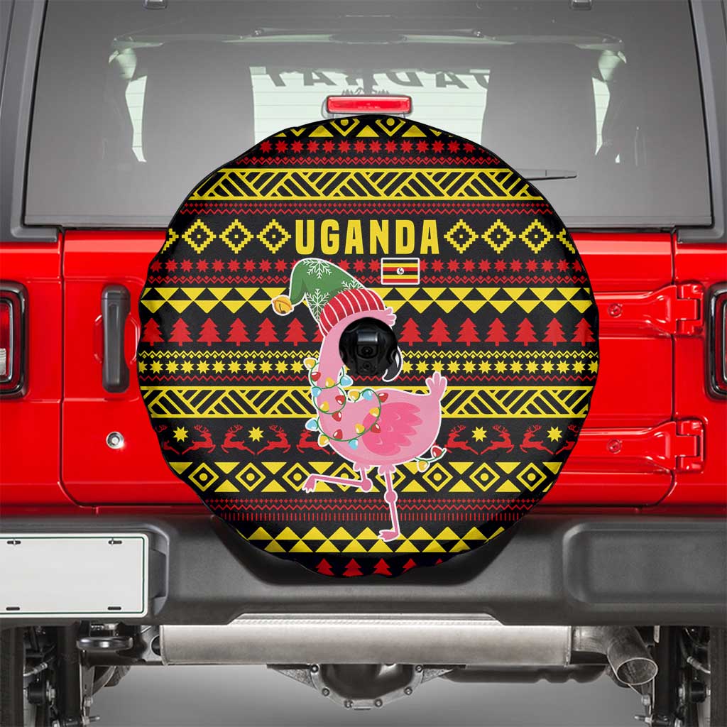 Uganda Christmas Spare Tire Cover with Flamingo Lights Uganda Flag and Black Red Yellow Tribal Pattern Design - Wonder Print Shop