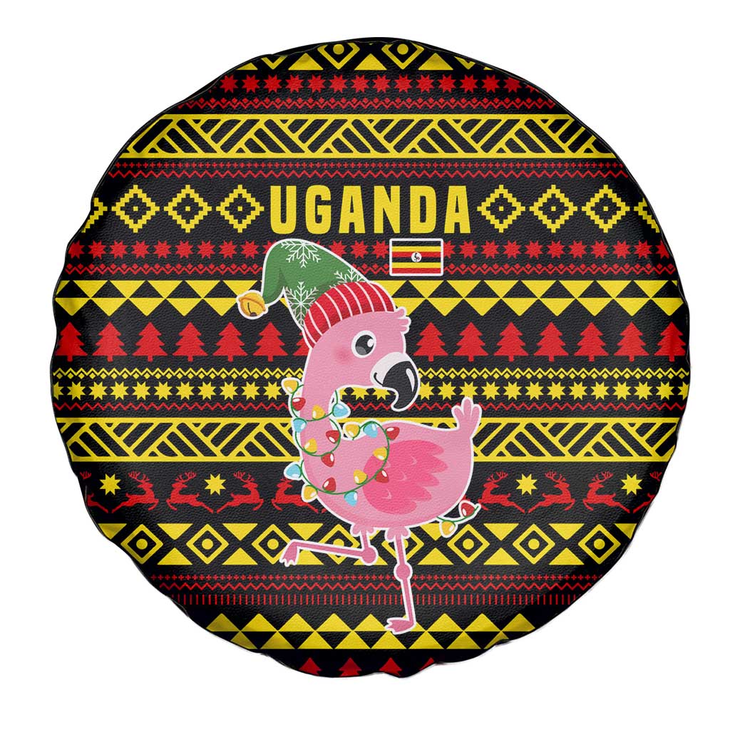 Uganda Christmas Spare Tire Cover with Flamingo Lights Uganda Flag and Black Red Yellow Tribal Pattern Design - Wonder Print Shop