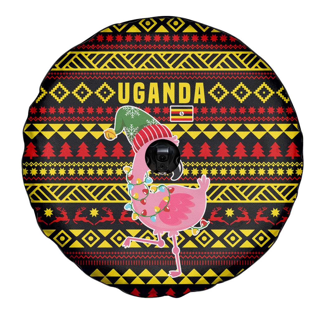 Uganda Christmas Spare Tire Cover with Flamingo Lights Uganda Flag and Black Red Yellow Tribal Pattern Design - Wonder Print Shop