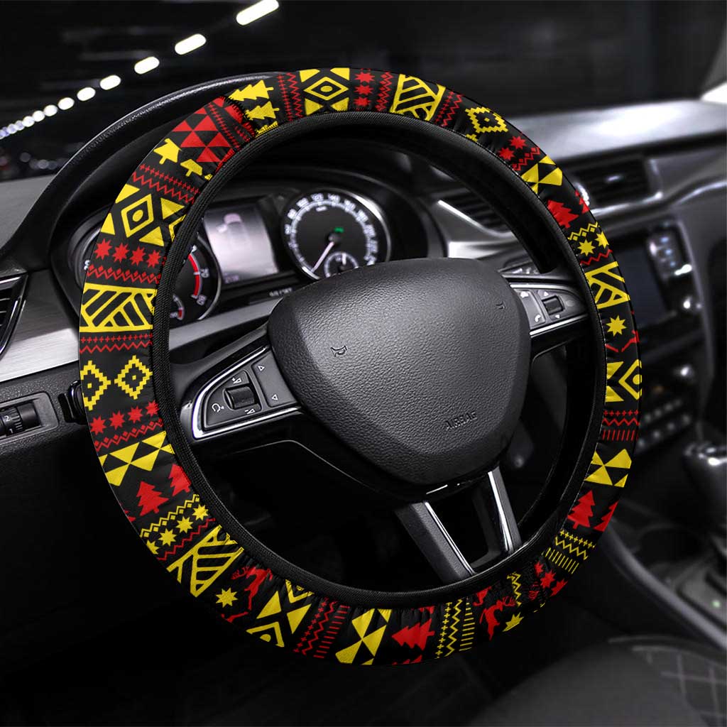 Uganda Christmas Steering Wheel Cover with Flamingo Lights Uganda Flag and Black Red Yellow Tribal Pattern Design - Wonder Print Shop