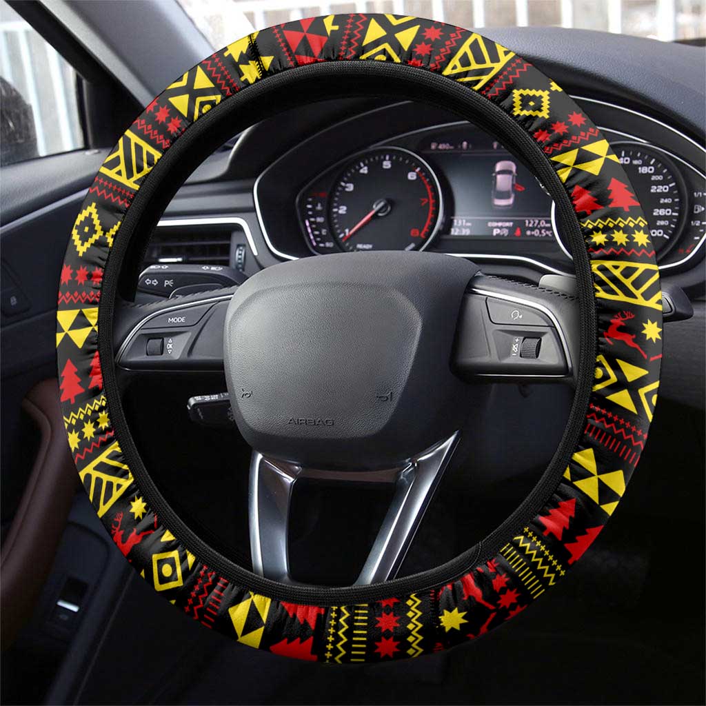 Uganda Christmas Steering Wheel Cover with Flamingo Lights Uganda Flag and Black Red Yellow Tribal Pattern Design - Wonder Print Shop