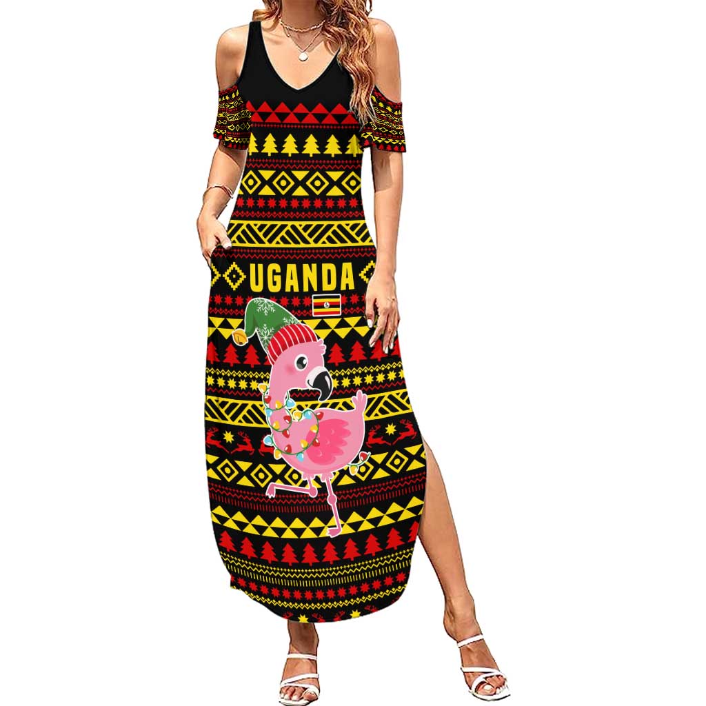 Uganda Christmas Summer Maxi Dress with Flamingo Lights Uganda Flag and Black Red Yellow Tribal Pattern Design - Wonder Print Shop