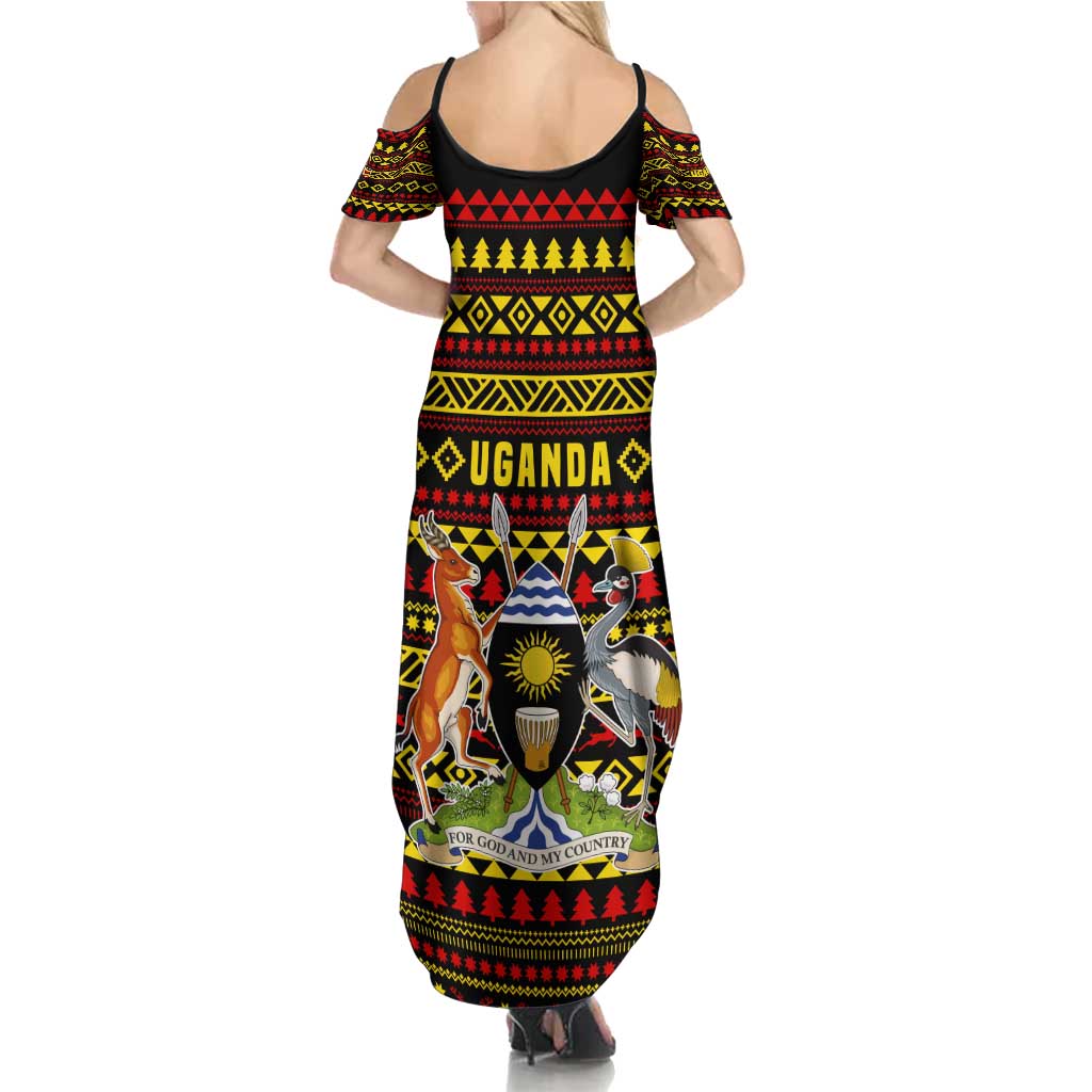 Uganda Christmas Summer Maxi Dress with Flamingo Lights Uganda Flag and Black Red Yellow Tribal Pattern Design - Wonder Print Shop