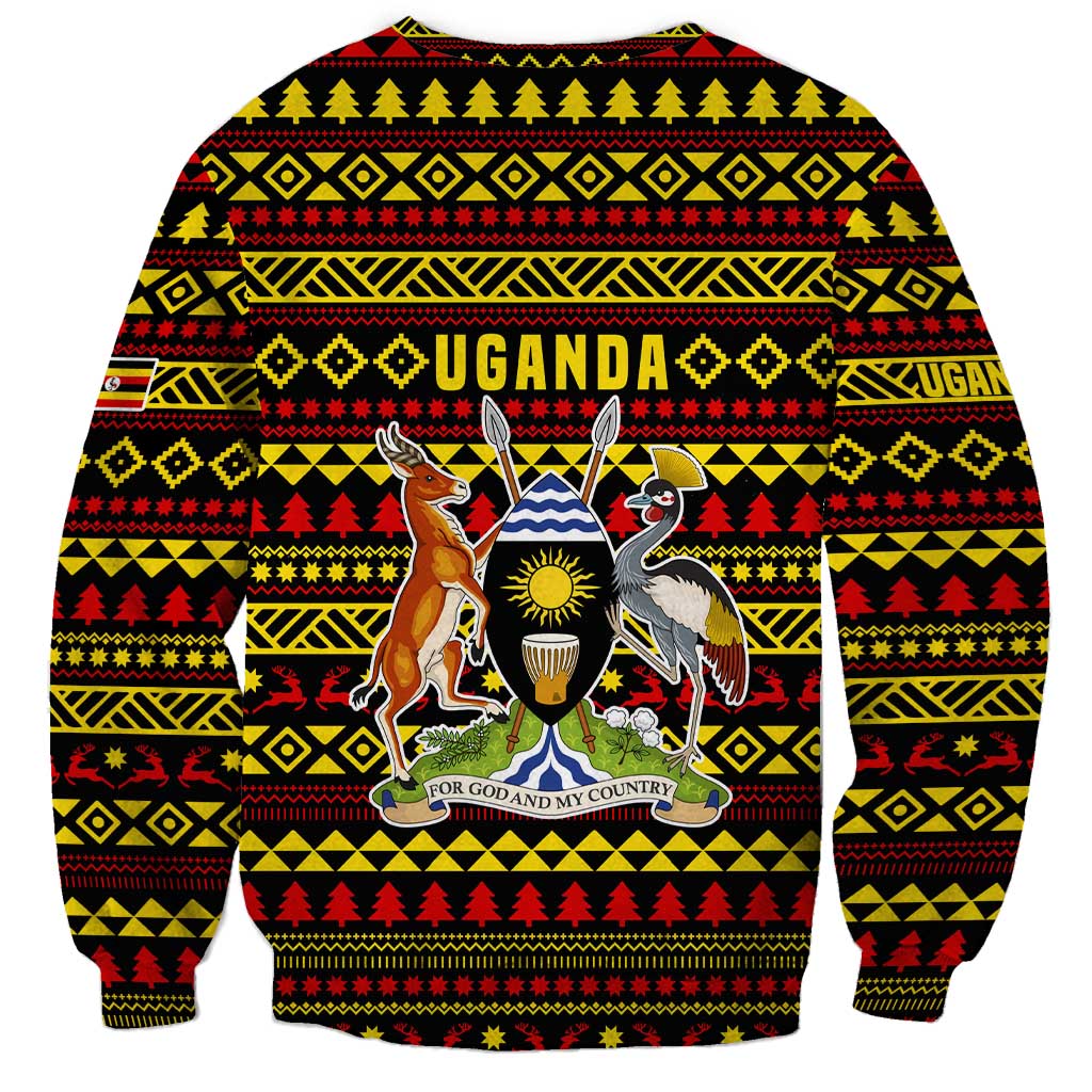 Uganda Christmas Sweatshirt with Flamingo Lights Uganda Flag and Black Red Yellow Tribal Pattern Design - Wonder Print Shop