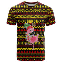 Uganda Christmas T Shirt with Flamingo Lights Uganda Flag and Black Red Yellow Tribal Pattern Design - Wonder Print Shop