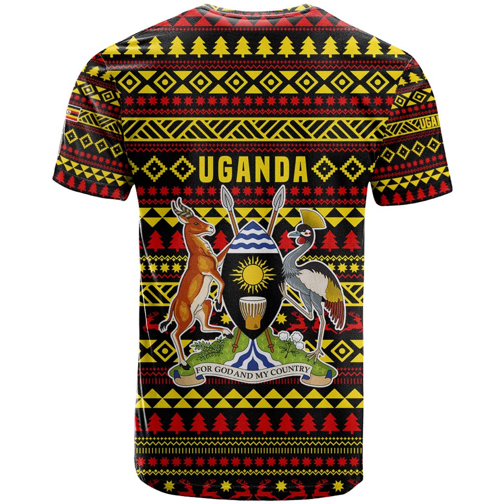 Uganda Christmas T Shirt with Flamingo Lights Uganda Flag and Black Red Yellow Tribal Pattern Design - Wonder Print Shop