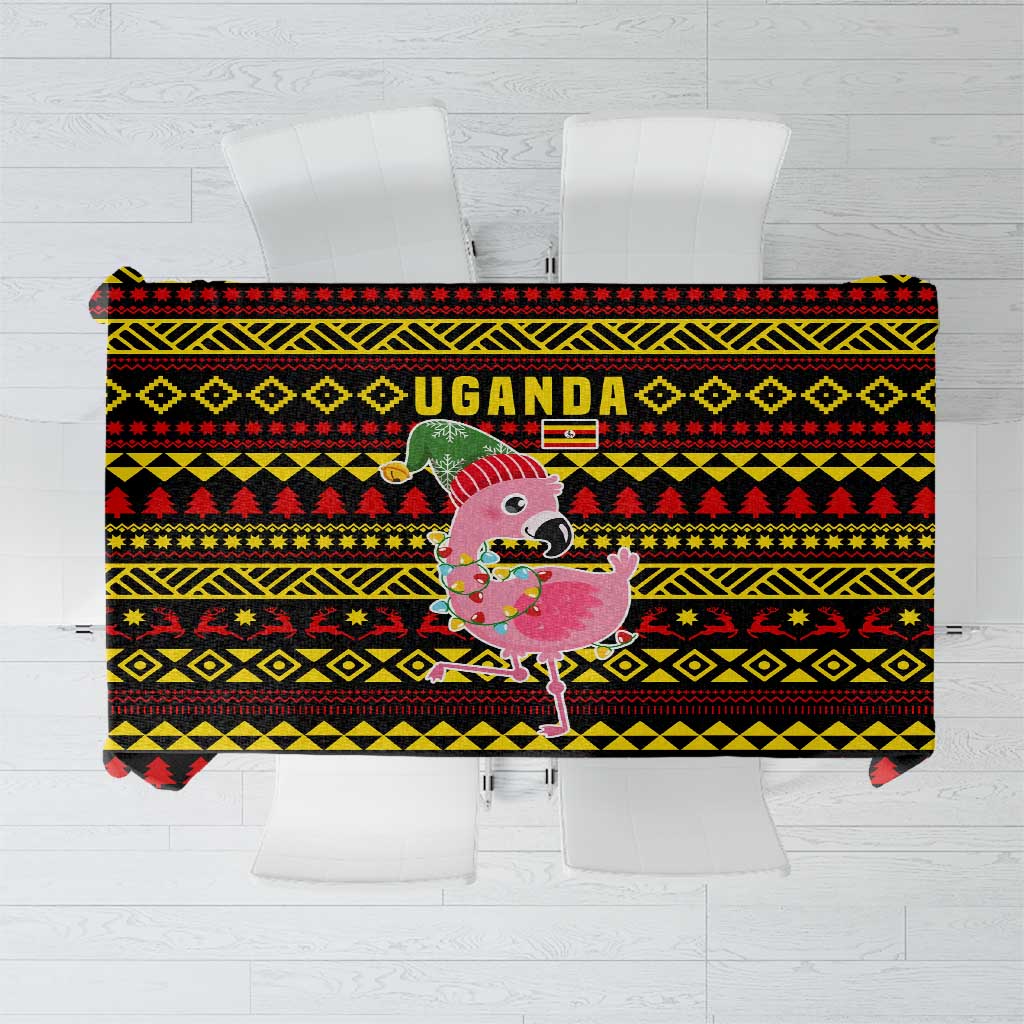 Uganda Christmas Tablecloth with Flamingo Lights Uganda Flag and Black Red Yellow Tribal Pattern Design - Wonder Print Shop