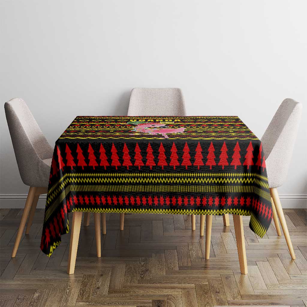 Uganda Christmas Tablecloth with Flamingo Lights Uganda Flag and Black Red Yellow Tribal Pattern Design - Wonder Print Shop