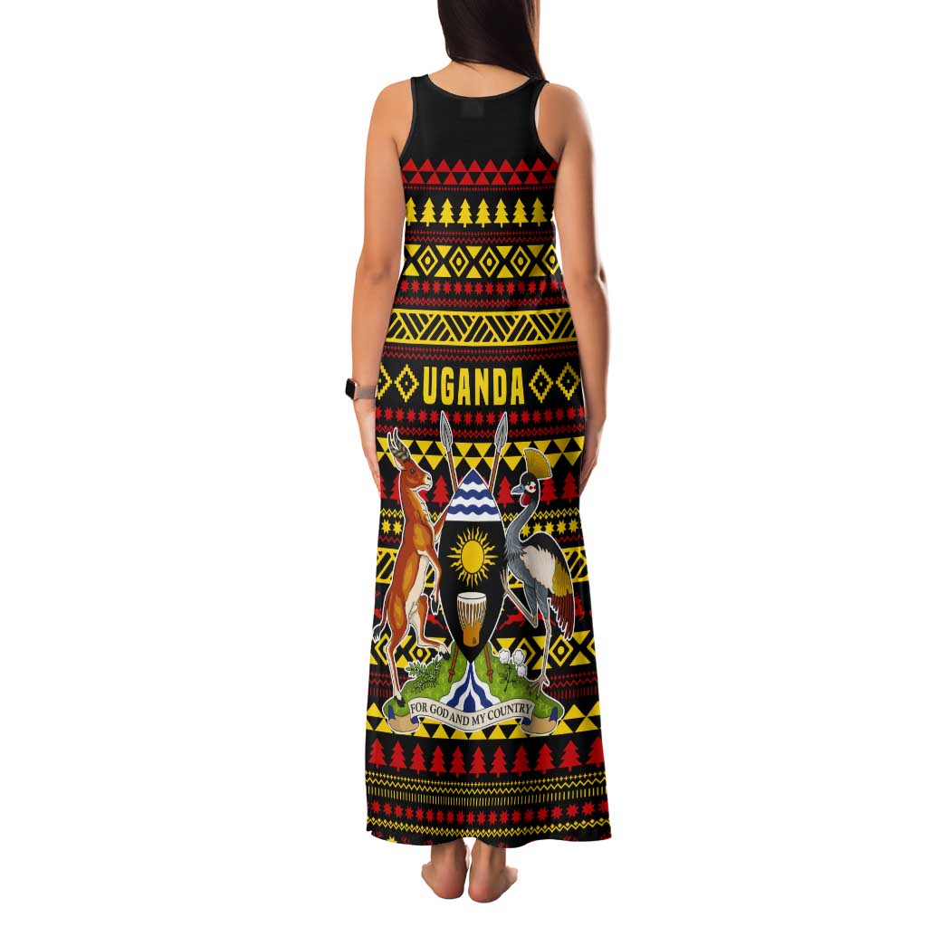 Uganda Christmas Tank Maxi Dress with Flamingo Lights Uganda Flag and Black Red Yellow Tribal Pattern Design - Wonder Print Shop