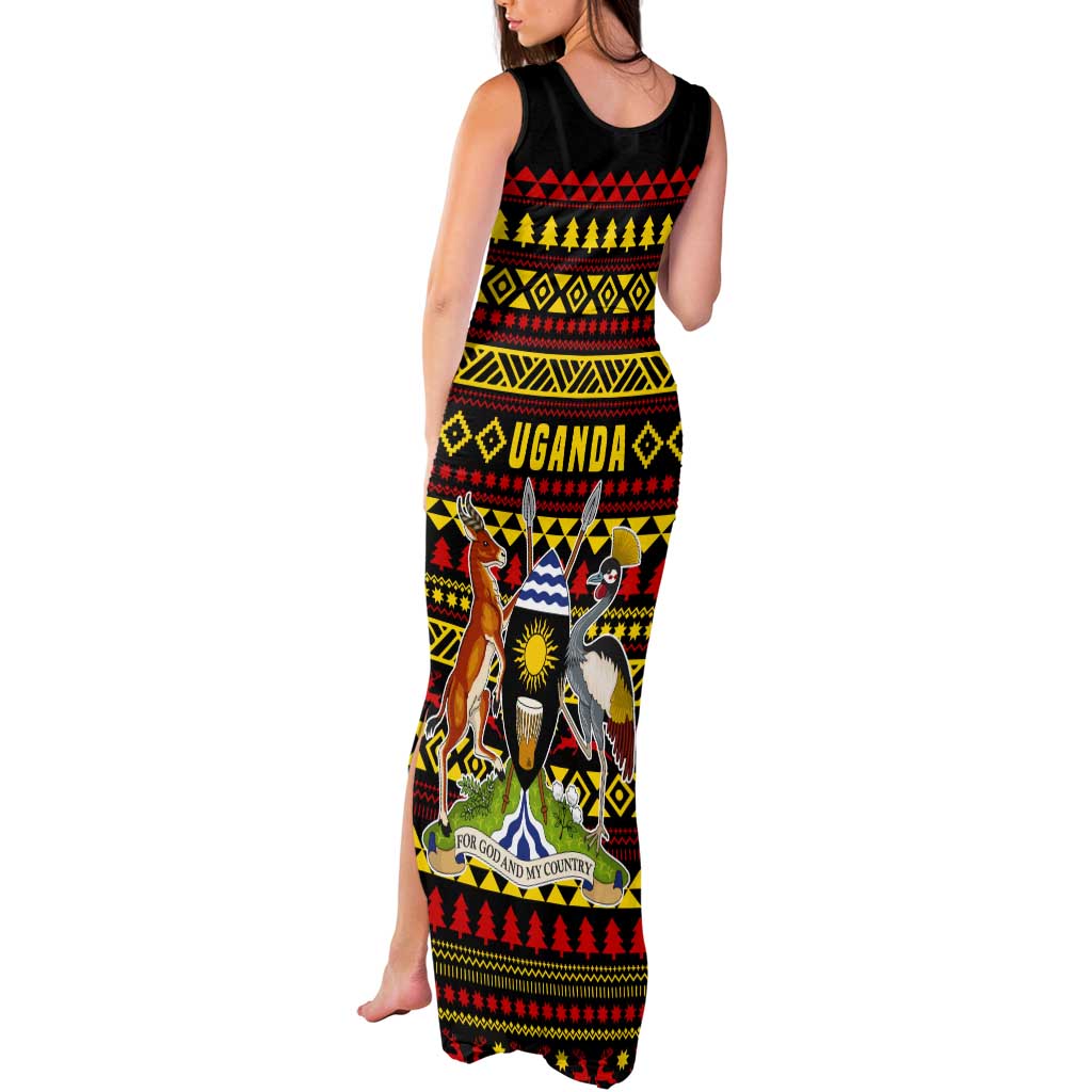 Uganda Christmas Tank Maxi Dress with Flamingo Lights Uganda Flag and Black Red Yellow Tribal Pattern Design - Wonder Print Shop