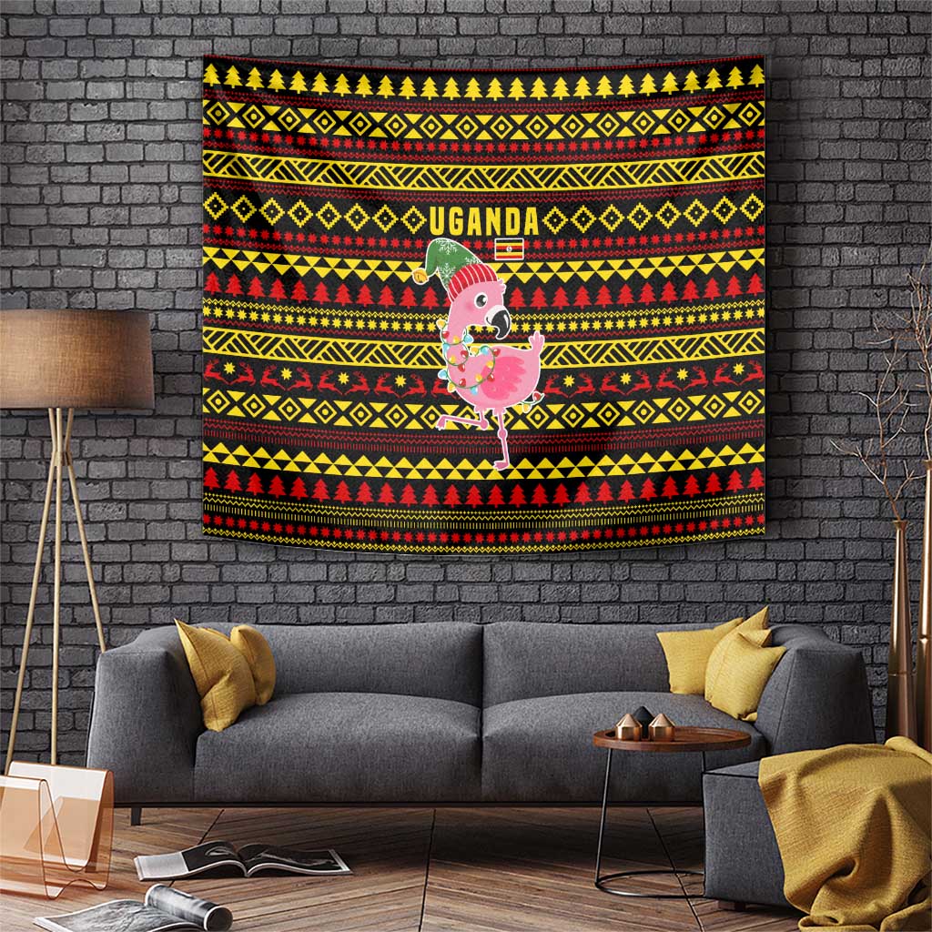 Uganda Christmas Tapestry with Flamingo Lights Uganda Flag and Black Red Yellow Tribal Pattern Design - Wonder Print Shop