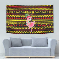 Uganda Christmas Tapestry with Flamingo Lights Uganda Flag and Black Red Yellow Tribal Pattern Design - Wonder Print Shop