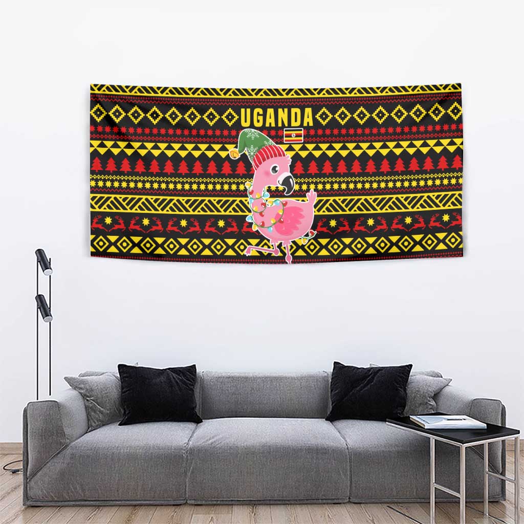 Uganda Christmas Tapestry with Flamingo Lights Uganda Flag and Black Red Yellow Tribal Pattern Design - Wonder Print Shop